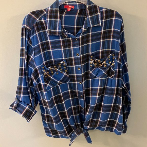 BONGO Tops - Womens Bongo Flannel Shirt - Blue Plaid - Size 1X